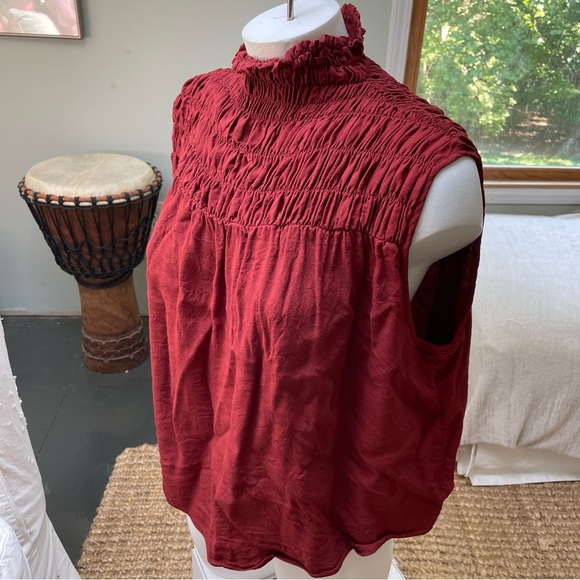 $280 Frame Red Rust Burnt Henna Ruffle Blouse Smocked Tank Top size Medium M - Picture 2 of 8